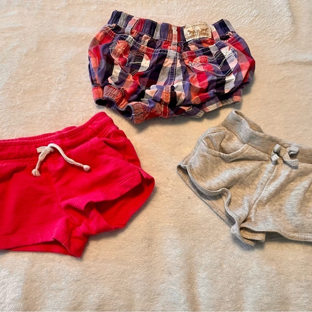 Set of Three Baby Shorts - Red, Plaid, Gray PINK SHORTS ARE 12 months